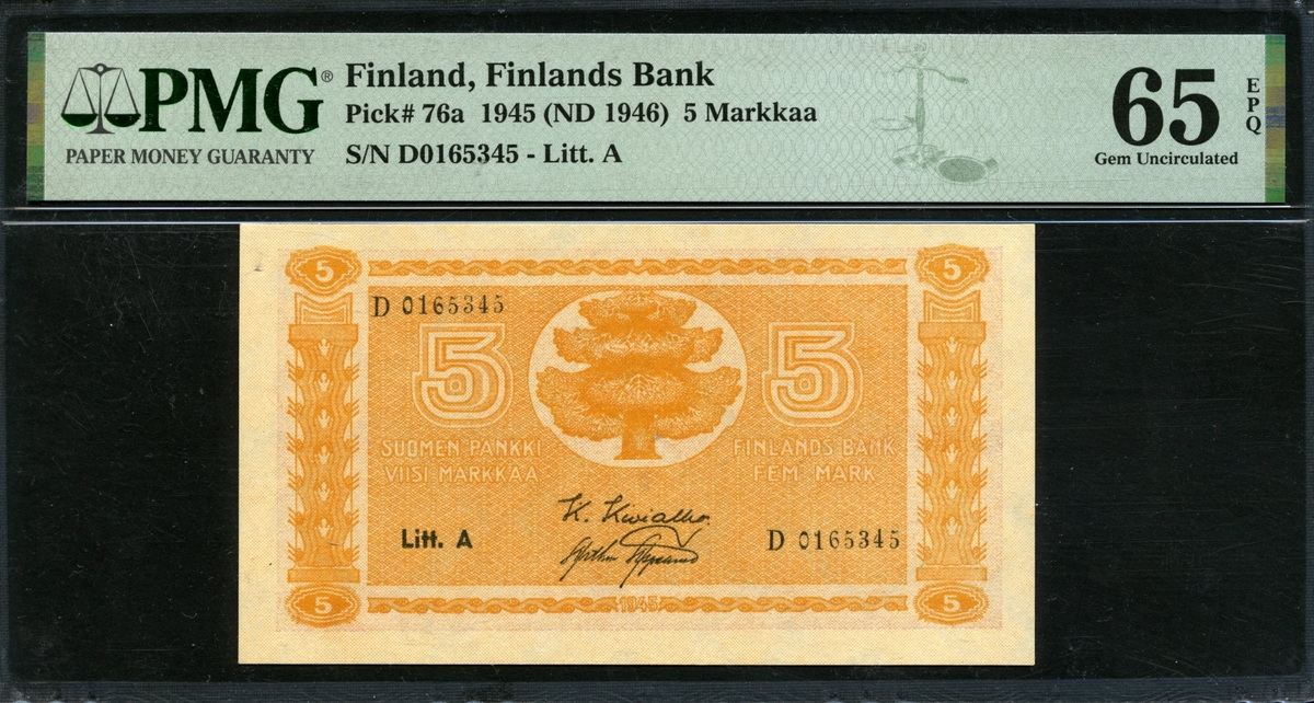 핀란드 Finland 1945(1946), 5 Markkaa, P76a, PMG 65 EPQ 완전미사용