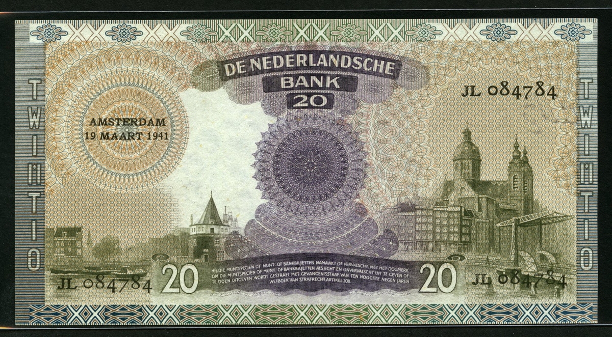 네덜란드 Netherlands 1939-1941 (1941) 20 Gulden, P54 미사용