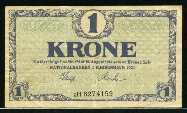 덴마크 Denmark 1921 1 Krone P12g 미품