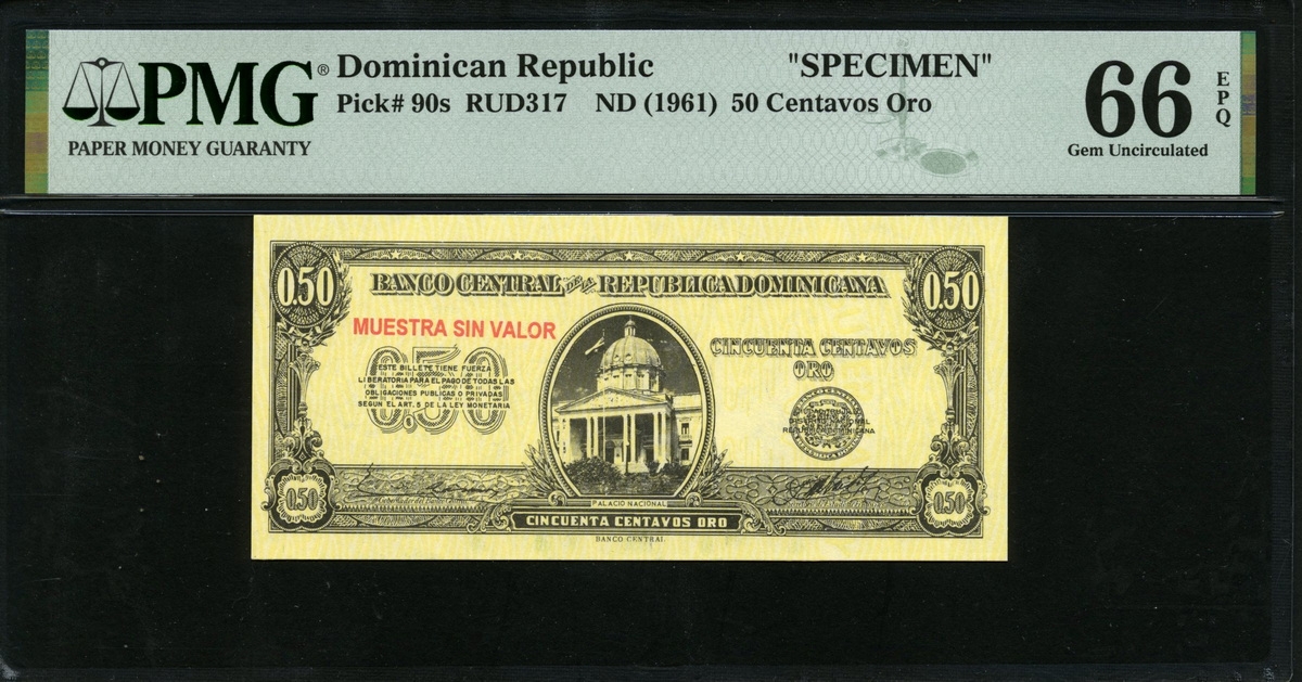 도미니카 Dominican Republic 1961 50 Centavos Oro P90s Specimen PMG 66 EPQ 완전미사용