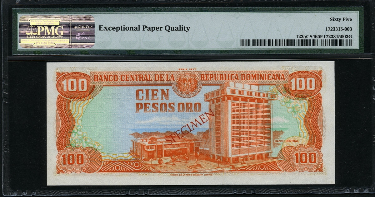 도미니카 Dominican Republic 1977 100 Pesos Oro P122aCS4 Collector Specimen PMG 65 EPQ 완전미사용