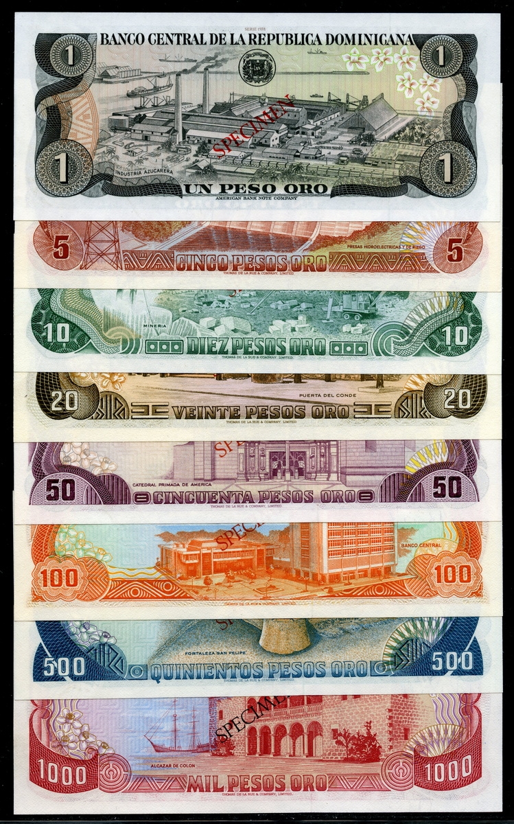 도미니카 Dominican Republic 1978 1-1000 Pesos Oro Specimen,CS4 (P116,118a-120a,121,122a,123,124a)) 8종 미사용