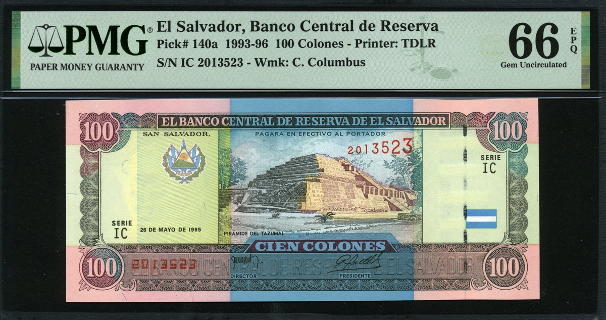 엘살바도르 El Salvador 1993-1996 100 Colones P140a PMG 66 EPQ 완전미사용