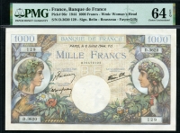 프랑스 France 1944 1000 Francs P96c PMG 64 EPQ 미사용