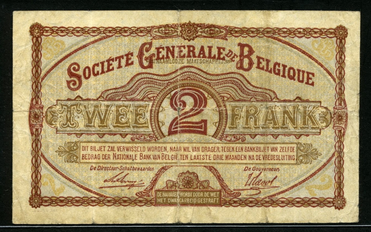 벨기에 Belgium 1915-1918 2 Francs P87 보품-미품