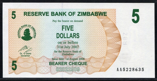 짐바브웨 Zimbabwe 2006 5 Dollars, AA P38, 미사용