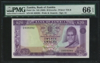 잠비아 Zambia 1969 20 Kwacha,P13c,Signature 4,PMG 66 EPQ 완전미사용