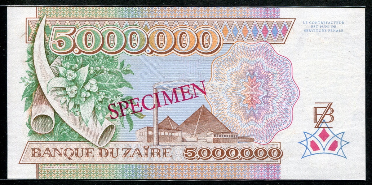 자이르 Zaire 1992 5000000 5,000,000 Zaires,Specimen,P46s,미사용