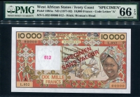 서아프리카 West African States 1977-1992 10000 Francs, P109As, Specimen, Signature 23, PMG 66 EPQ 완전미사용