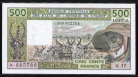 서아프리카 West African States 1987 500 Francs, P106Ak, 미사용 (테두리부분 약간의 변색반점)