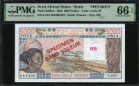서아프리카 West African States 1992 5000 Francs P208Bos Specimen PMG 66 EPQ 완전미사용