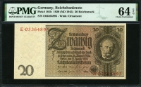 독일 Germany 1929(1945) 20 Reichsmark,P181b,PMG 64 EPQ 미사용