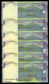 인도네시아 Indonesia 2000(2008) 1000 Rupiah,P141, 6장 쌍둥이번호 미사용