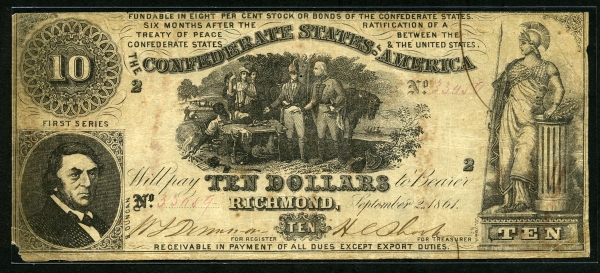미국 남부 동맹 1861년 10 달러 P29 보품