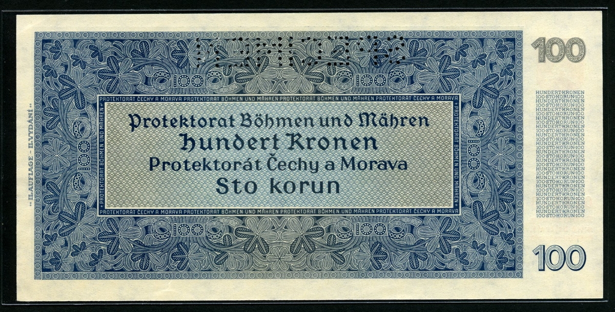 보헤미아 모라비아 Bohemia & Moravia 1940,SPECIMEN  100 Korun,P6s, 미사용