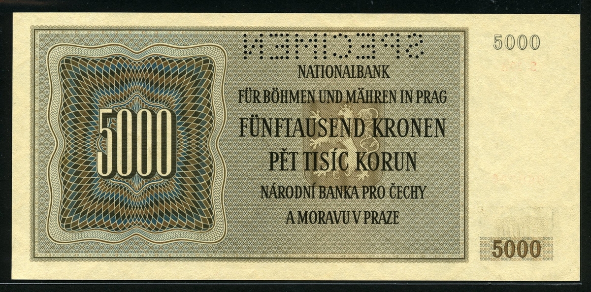 보헤미아 모라비아 Bohemia & Moravia 1944 5000 Korun P17s SPECIMEN 미사용(-) (오른쪽살짝갈색변색점)