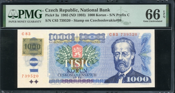 체코 Czech Republic 1985(1993) 1000Korun,P3a, PMG 66 EPQ 완전미사용