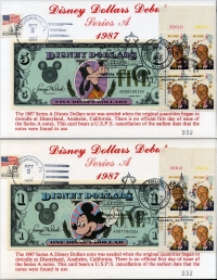 미국 1987년 $1 / $5 디즈니 달러 2종  월트우표첨부 미사용