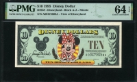 미국 1995년 $10 디즈니 달러 DIS38 디즈니랜드,Block A-A,미니(Minnie),PMG 64 EPQ 미사용
