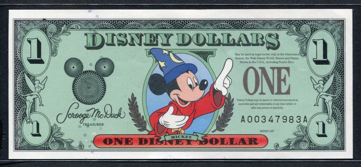 미국 1997년 $1 디즈니 달러 DIS47 디즈니랜드 Block A-A 미키,미사용