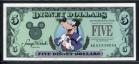 미국 1997년 $5 디즈니 달러 DIS48 디즈니랜드 Block A-A.구피(Goofy), 미사용