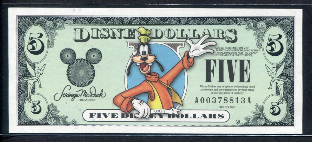 미국 2003년 $5 디즈니 달러 DIS84 디즈니랜드 Block A-A.구피(Goofy) 미사용