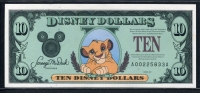 미국 1997년 $10 디즈니 달러 DIS49 디즈니랜드,Block A-A,심바(Simba),미사용(-)