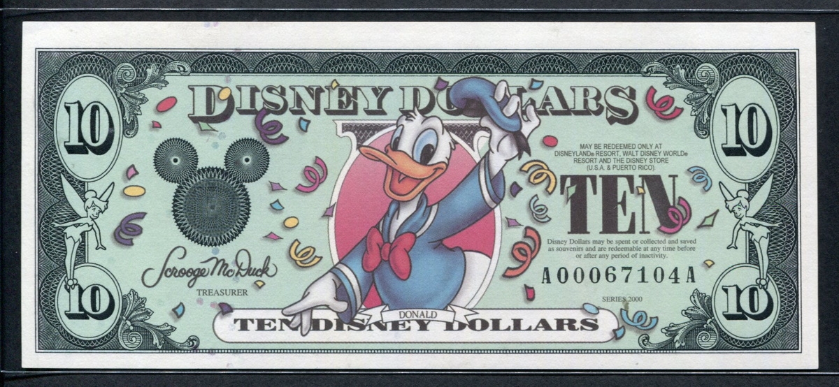 미국 2000년 $10 디즈니 달러 DIS67 디즈니랜드,Block A-A,도날드(Donald), 미사용(-)