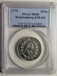 독일 1775년 20 크로이처(Kreuzer), 뷔르템베르크 은화, PCGS MS 60 최고등급  (KM#431/ 6.68g/ 58.3% 은, 29 mm)
