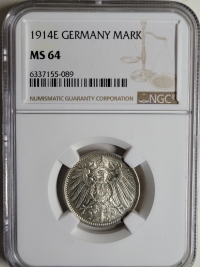 독일 Germany 1914-E Mark,KM#14, 24mm, 5.55g, 0.9 은화, NGC MS 64 미사용