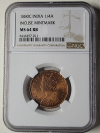 인도 India 1880(c) 1/4 Anna KM#486 / 6.4g /Copper,/빅토리아여왕/ 민트마크/ NGC MS 64 RB 미사용