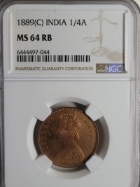 인도 India 1889(c) 1/4 Anna KM#486 / 6.4g / Copper, /  빅토리아여왕 / NGC MS 64 RB 미사용