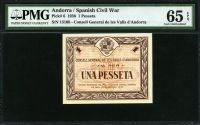 안도라 Andorra 1936 1 Pesseta,P6, PMG 65 EPQ 완전미사용