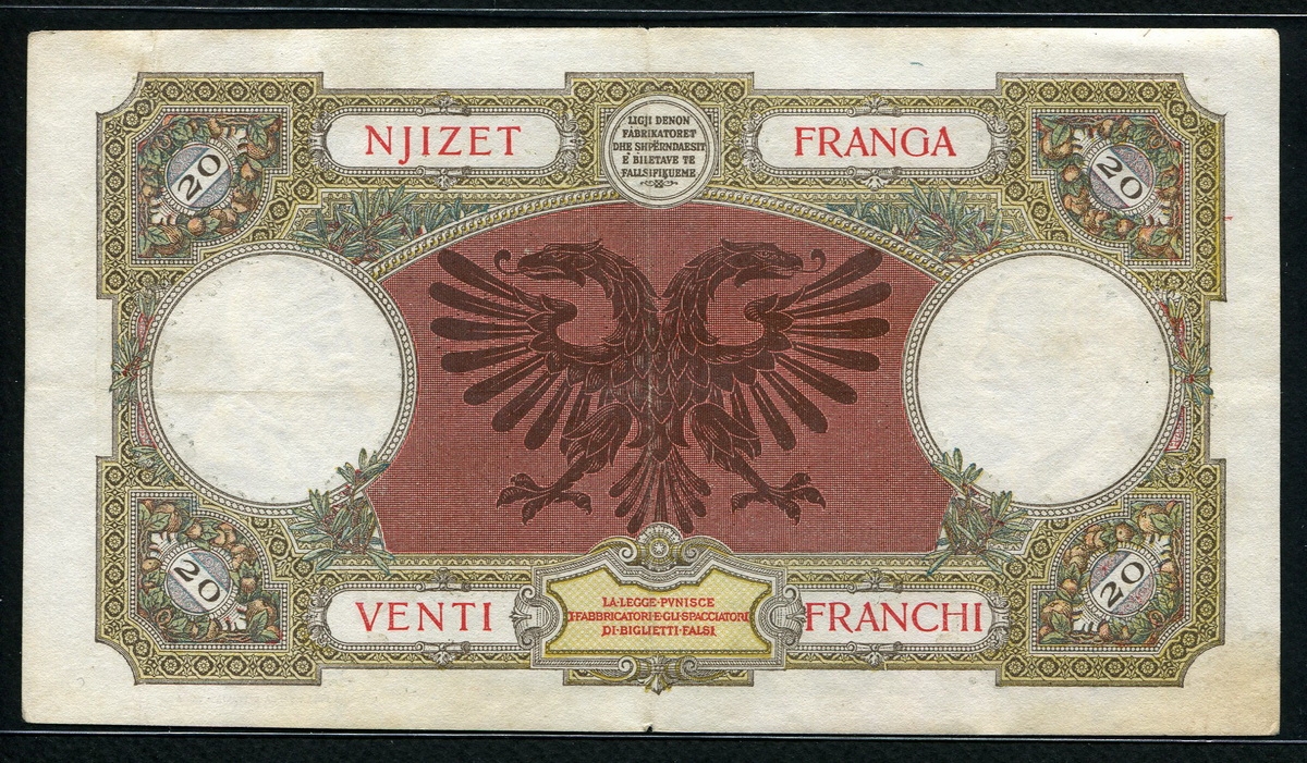알바니아 Albania 1939 20 Franga, P7,미품