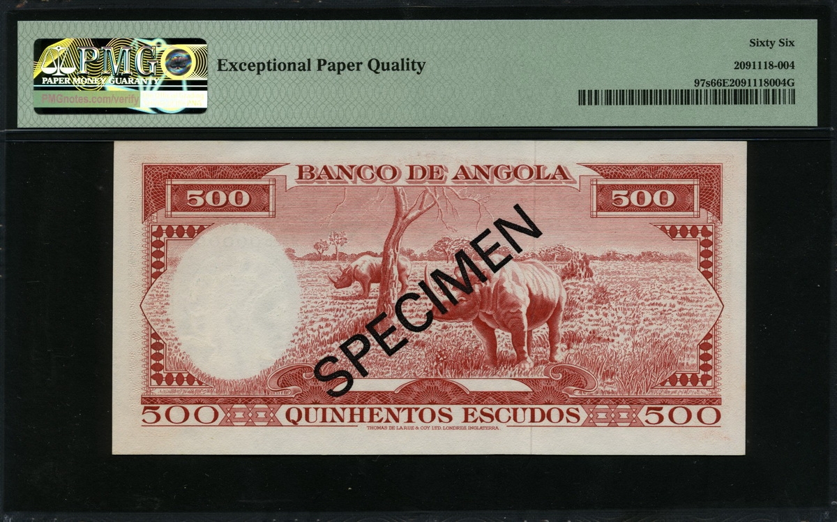 앙골라 Angola 1970 500 Escudos P97s Specimen PMG 66 EPQ 완전미사용