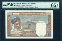 알제리 Algeria 1939-1942 100 Francs,P85,PMG 65 EPQ 완전미사용