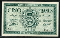알제리 Algeria 1942 5 Francs,P91, 미사용-