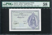 알제리 Algeria 1942-1945(1942) 20 Francs,P92a, PMG 58 준미사용