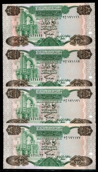 리비아 Libya 1984 1/4 Dinar, P47, 특이 일렬번호 (171117 171111 171171 171177) 4장 미사용