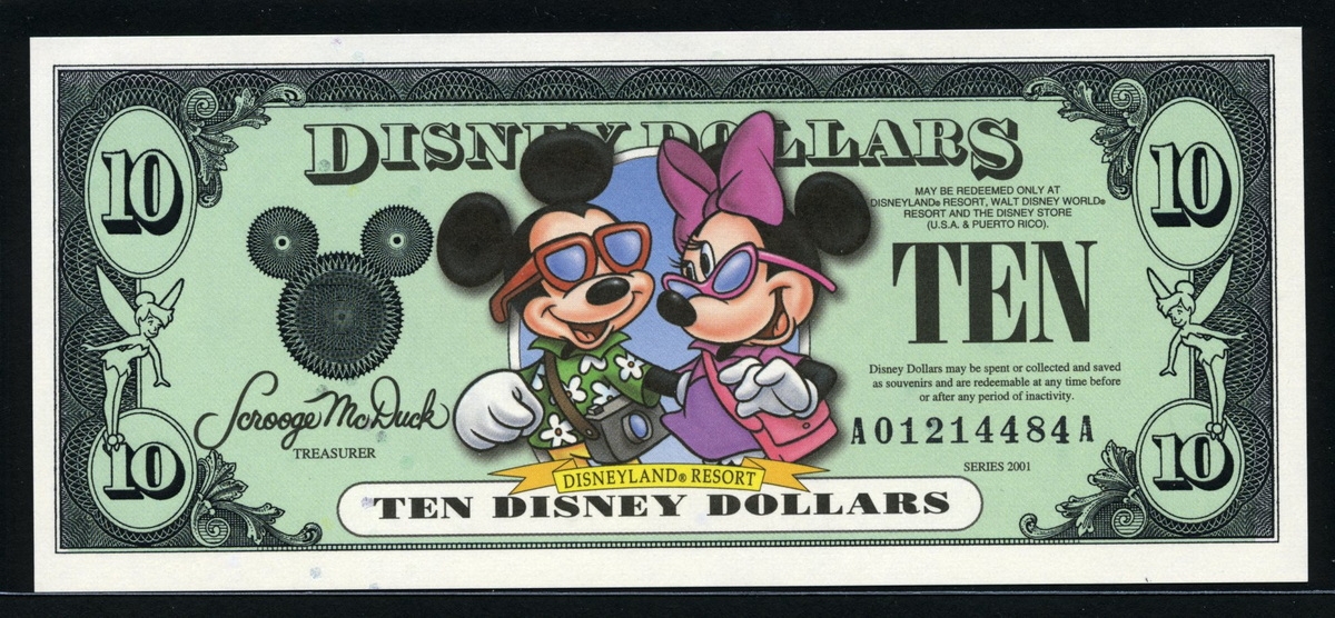 미국 2001년 $10 디즈니 달러 DIS73 디즈니랜드,Block A-A,미키(Mickey&Minnie), 미사용+