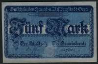 독일 Germany 1919 GERA 5 Mark PK885.U Reuss-Schleiz Notgeld, 비상지폐 미사용