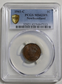 캐나다 1941년 뉴펀들랜드 1센트 PCGS MS62BN 미사용