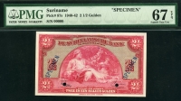 수리남 Suriname 1940-1942 2 1/2 Gulden P87s Specimen PMG 67 EPQ Superb 완전미사용 최고등급1장