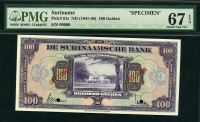 수리남 Suriname 1941-1948 100 Gulden P91s Specimen PMG 67 EPQ Superb 완전미사용 최고등급