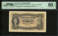 노르웨이 Norway 1935-1944 10 Kroner P8c PMG 65 EPQ 완전미사용