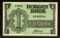 노르웨이 Norway 1942 1 Krone 17a Prefix A 극미품