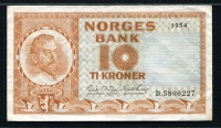 노르웨이 Norway 1954 10 Kroner P31b1 Sign Brofoss - Thorp 미품 (핀홀)