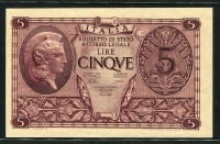 이탈리아 Italy 1944, 5 Lire, P31b 미사용
