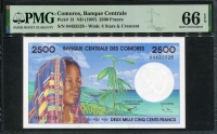 코모로 Comoros 1997 2500Francs,P13,PMG 66 EPQ 완전미사용