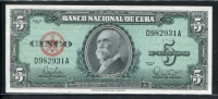 쿠바 Cuba 1960 5 Pesos,P92,미사용